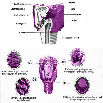 Bit di tricone di pozzo di petrolio API coni di rulli 3 1/2 "-17 1/2" di acciaio ad alto tenore di carbonio
